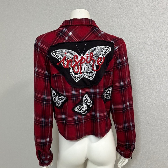 Upcycled Tops - Upcycled Plaid Butterfly Crop Shirt